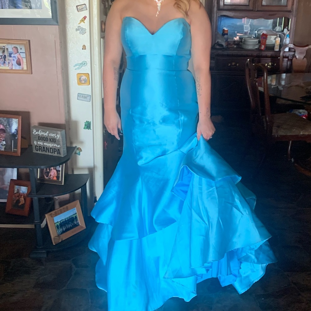 Blue strapless corset prom dress